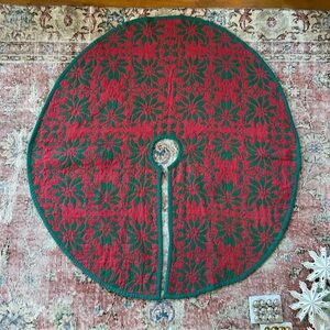 Vintage Woven Poinsettia Red and Green Tree Skirt